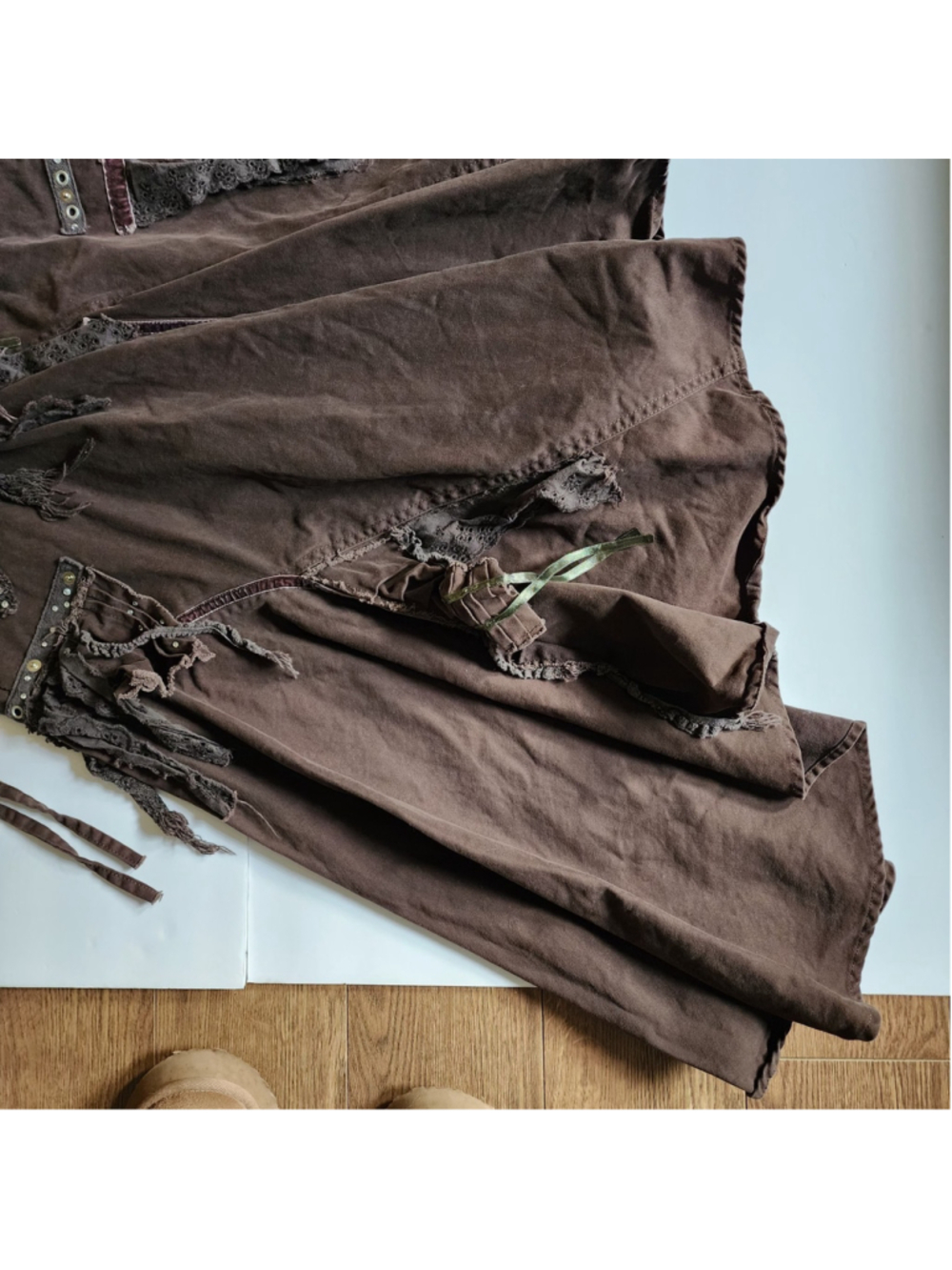Spirit Vintage Y2K Brown Whimsigoth Fairy Grunge Asymmetric Patchwork Midi Skirt - Picture 9 of 16